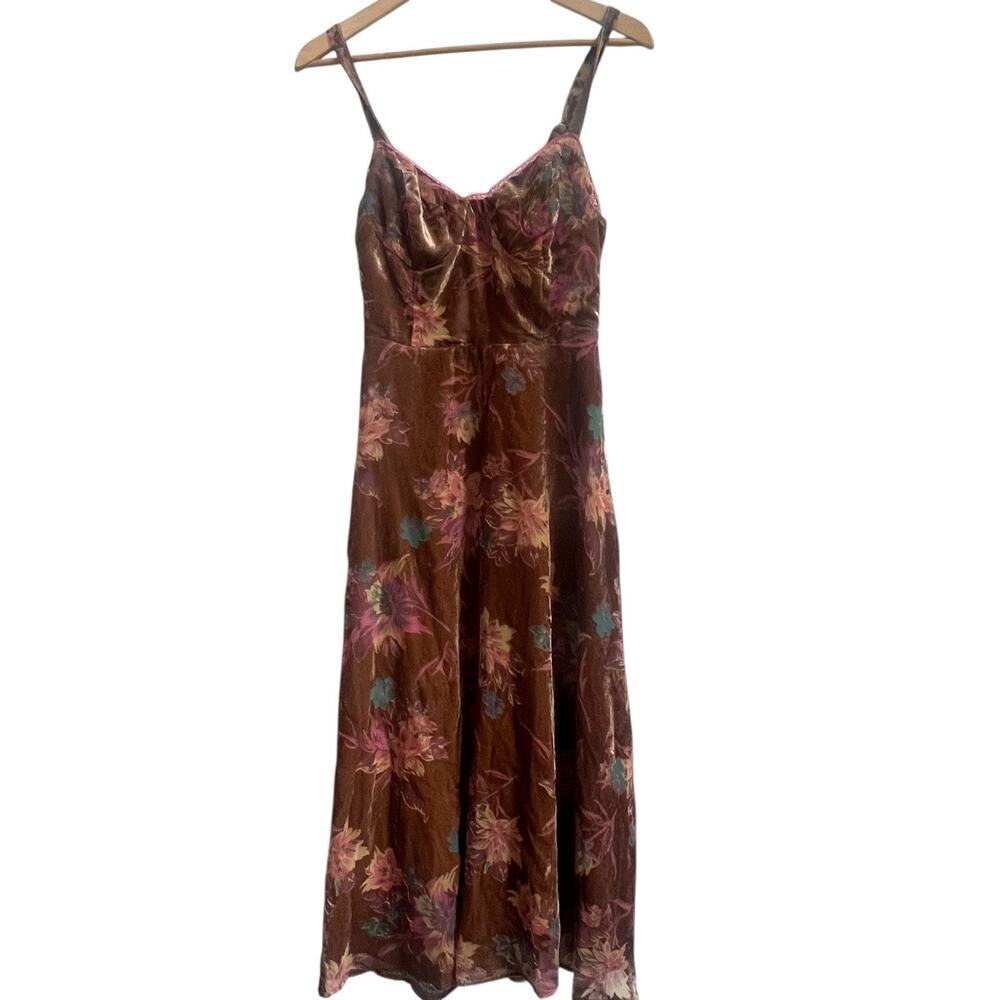 Lulu’s Coveted Grace Brown Burn Out Velvet Midi Dress Size S Floral Bustier